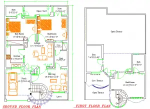 House Plan Ground and 1st Floor 30X45 plan free dwg auto cad free cad file free plan House plan