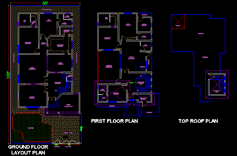 House Plan 50 X 100 With Landscape Dwg, Autocad Plans Of Houses Dwg Files
