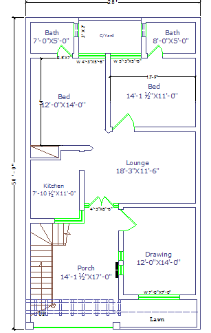 5 Marla 28 X 50 Feet House Plan Cadregen
