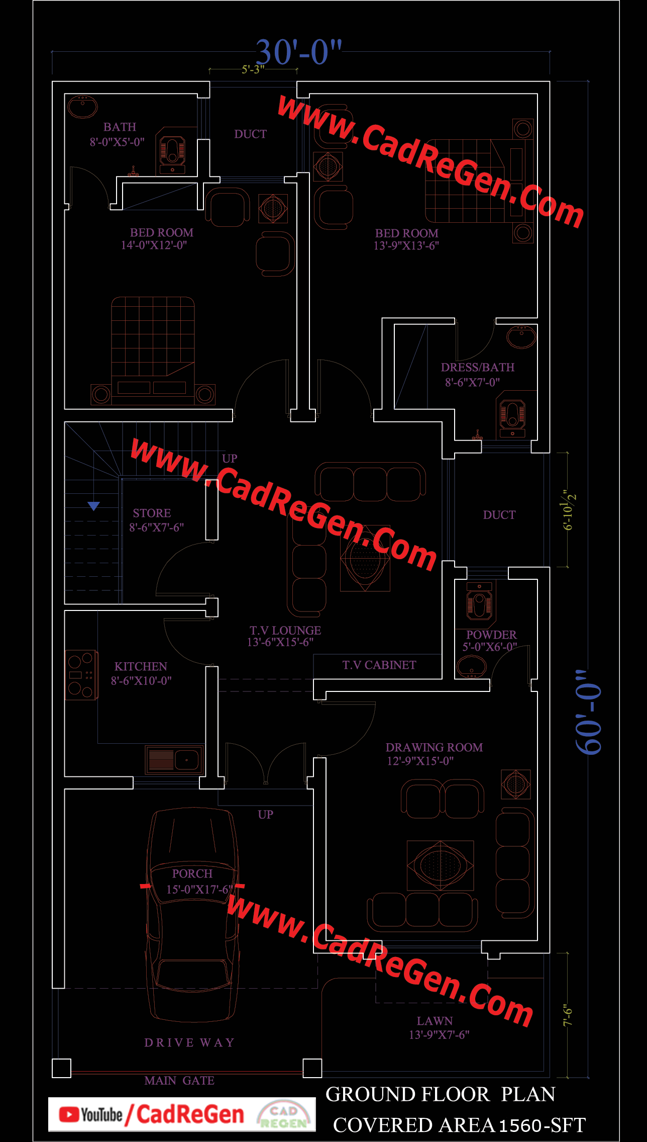 Cadregen 30 X 60 House Plan 2bkh 2 Bed Room House 7 Marla 6 5 Marla 8 Marla 1800 Sft Free Drawing Section And Elevation