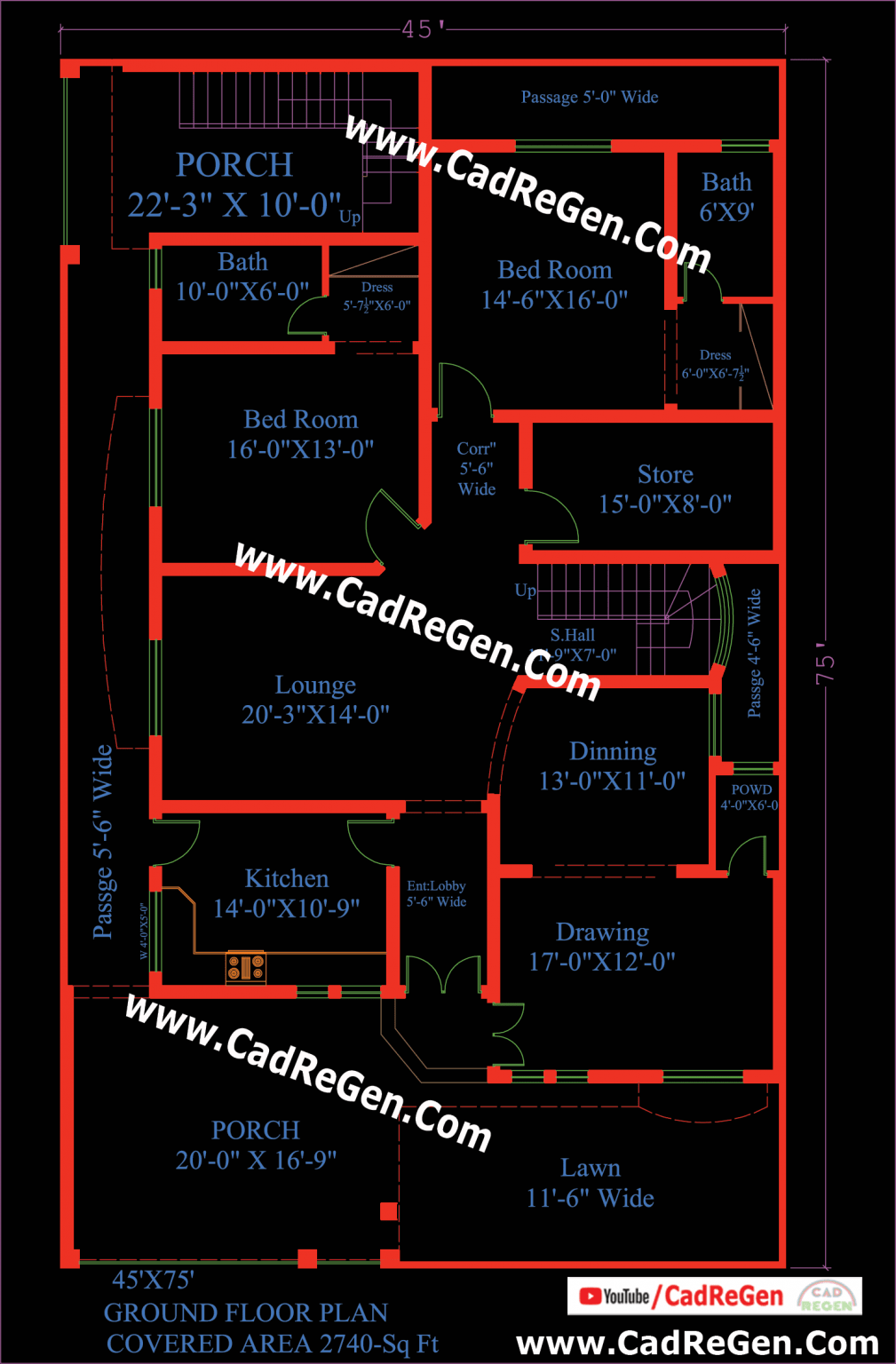 45X75 FREE HOUSE PLAN 12 Marla Or 15 Marla DWG CAD Plan 1 CadReGen 