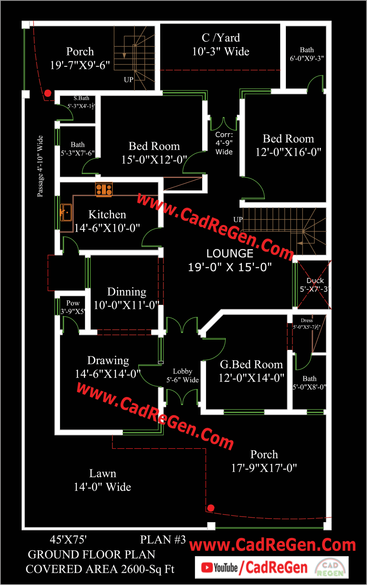 45X75 FREE HOUSE PLAN 12 Marla Or 15 Marla DWG CAD Plan 3 CadReGen 