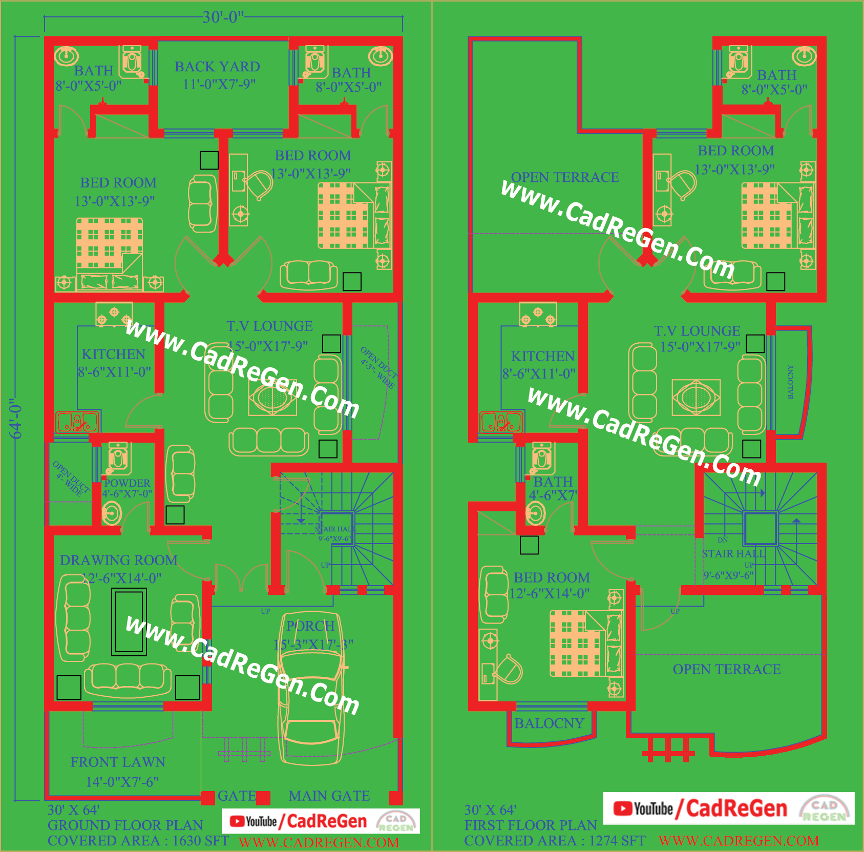 30X64 House Plan Free CAD DWG File 2BKH CadReGen 